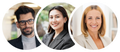 Three professional headshots in circular frames on a white background