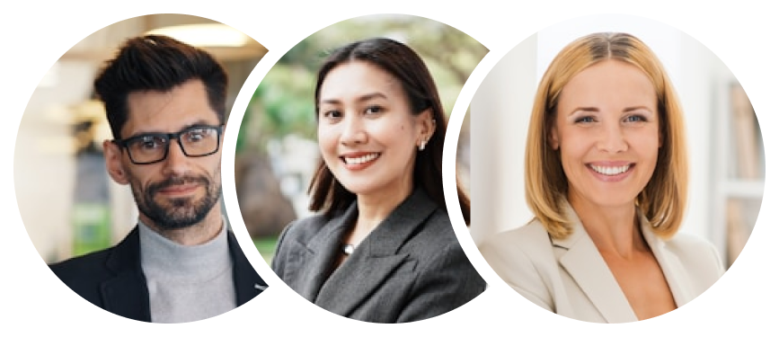 Three professional headshots in circular frames on a white background