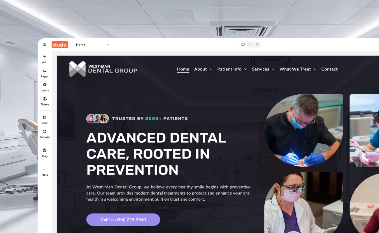 Dental clinic website homepage with headline “Advanced Dental Care, Rooted in Prevention” and dentist photos