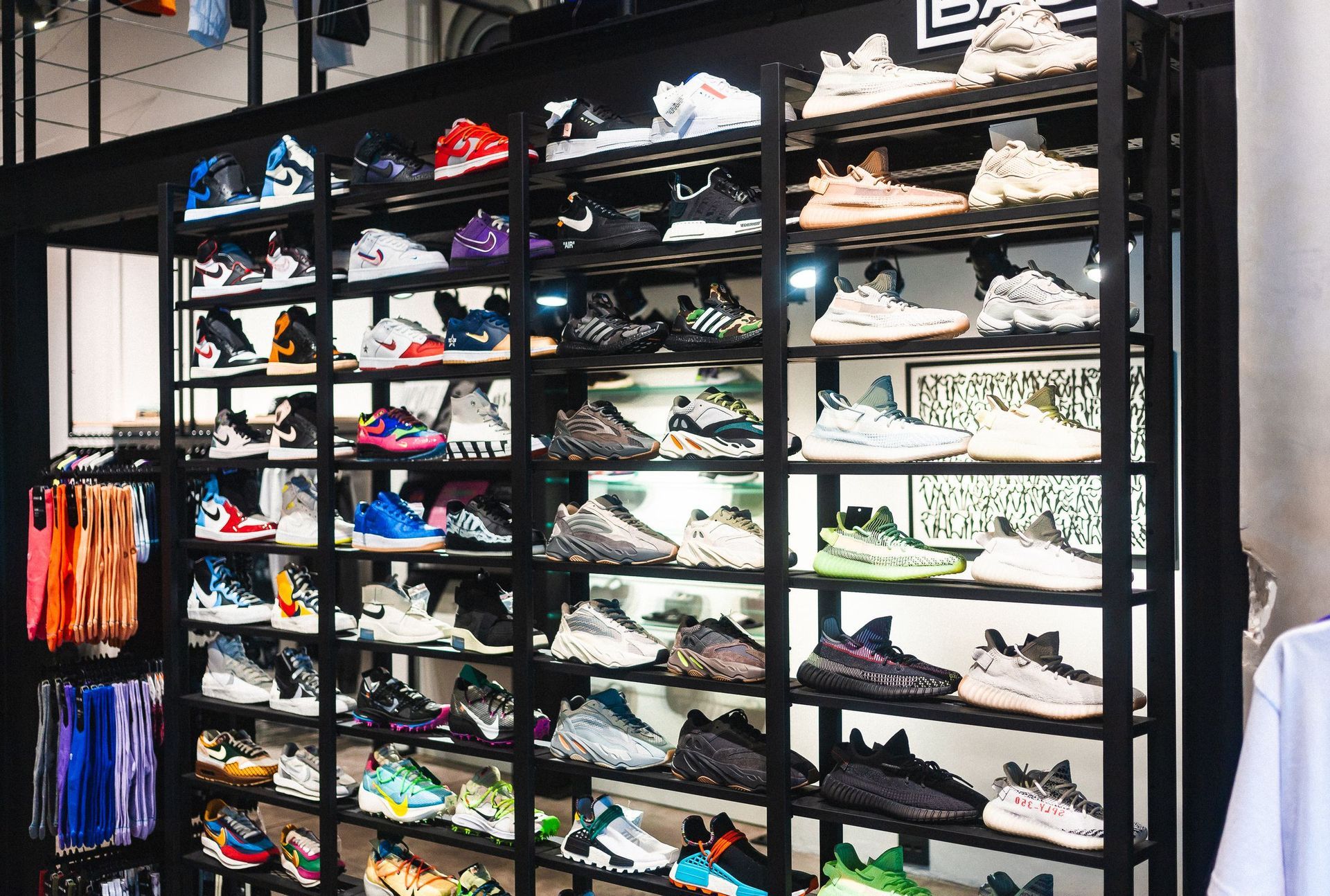 A wall of sneakers on the shop shelves