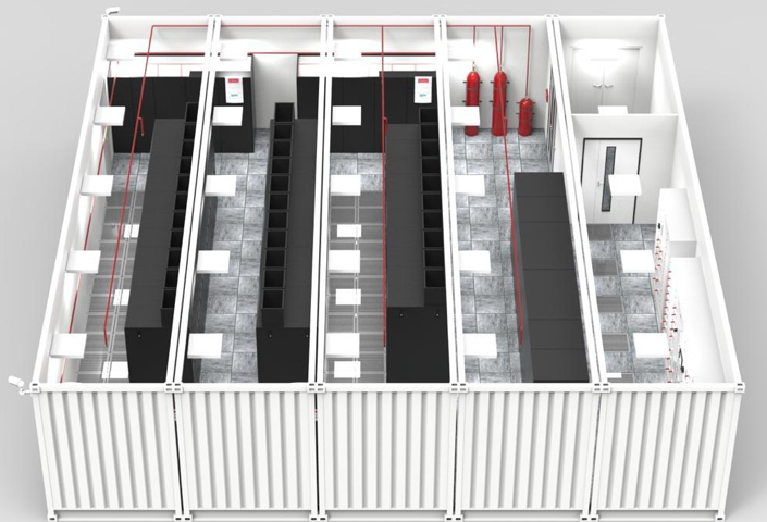3D render of a modular and scalable data center design, showcasing flexible infrastructure for future expansion and energy-efficient systems