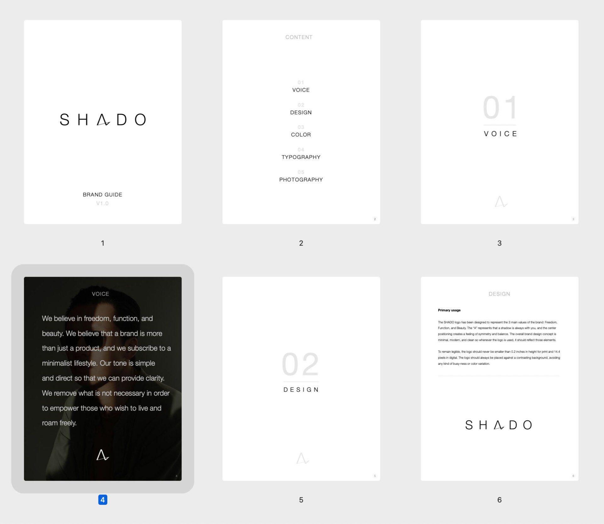 Six white pages with black text; the top left page has a logo