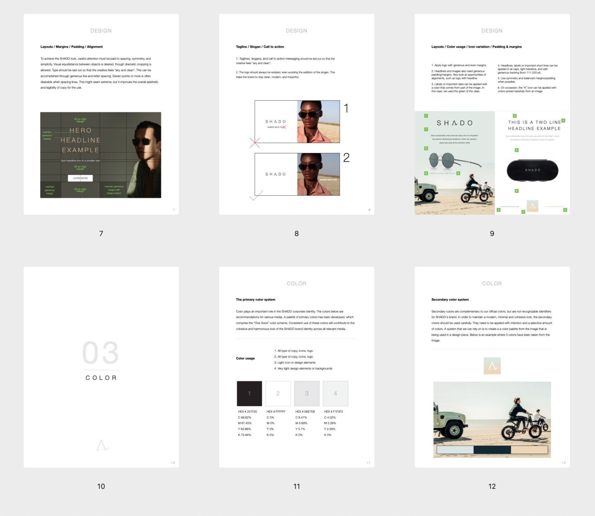 Six-page design layout with text, photos, and minimalist graphics. Focuses on a product launch with color palettes and styling.