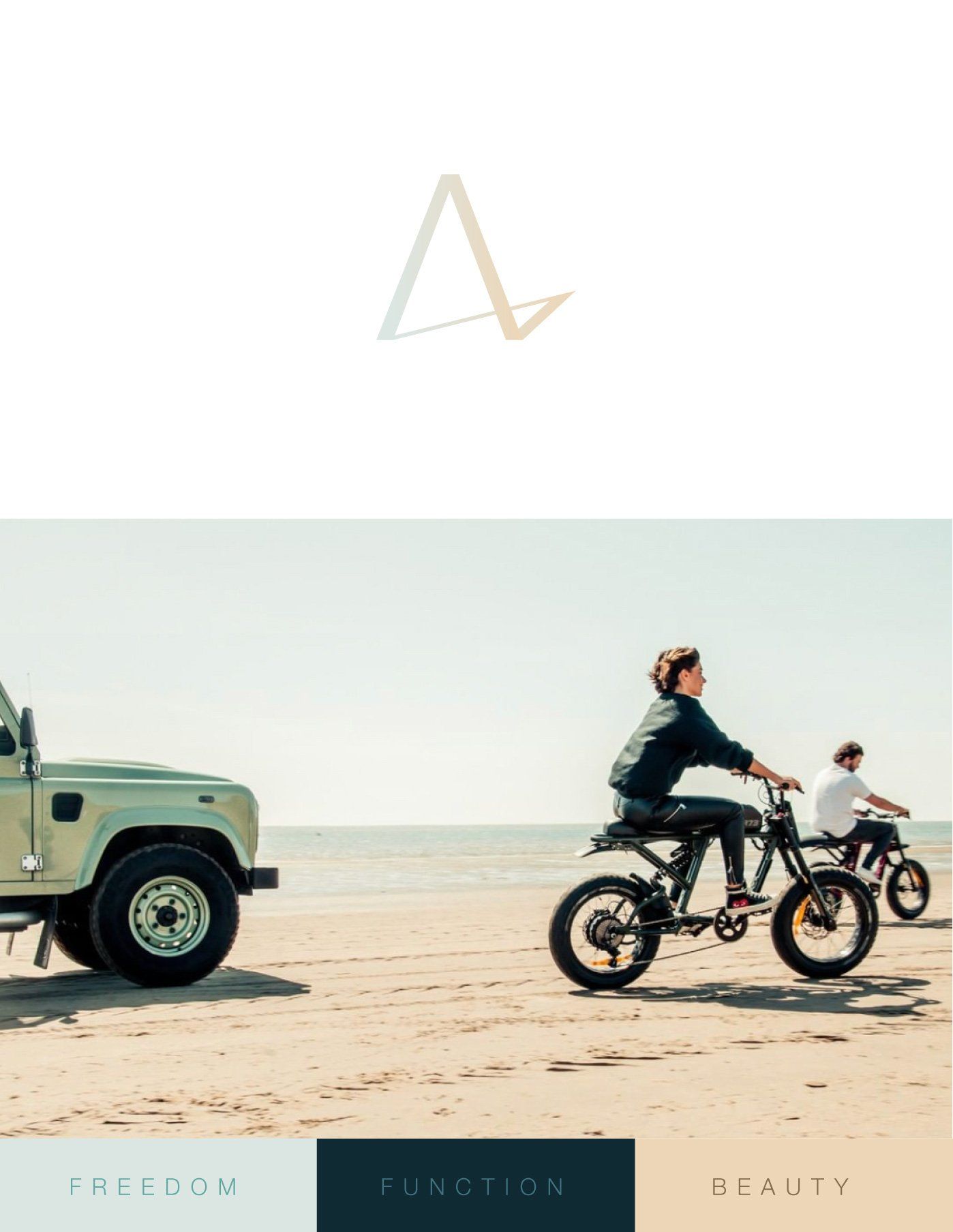 Logo of a triangle shape with a cyclist riding an ebike on the beach with a truck. Text: Freedom, Function, Beauty.