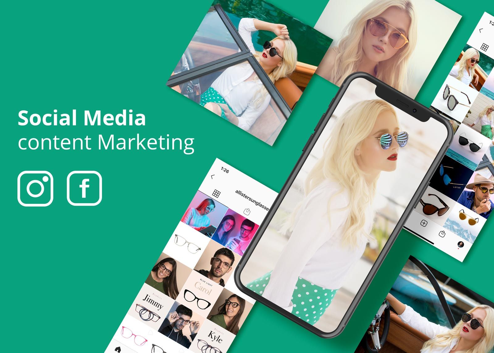 Social media marketing graphic: woman wearing sunglasses on a phone screen, surrounded by related images, Instagram and Facebook logos.