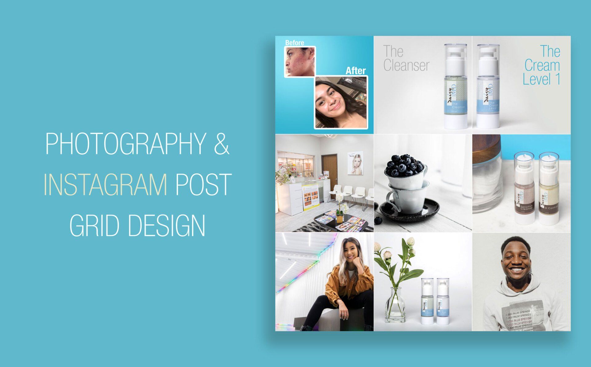 Instagram grid design with product and lifestyle photos against a teal background.