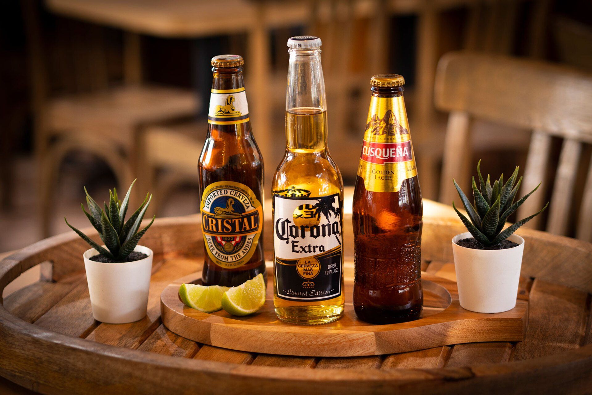 Three beer bottles with lime slices and small plants on a wooden tray.