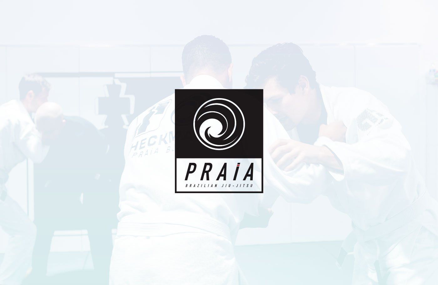 Logo with swirling design over a faded image of people in white martial arts uniforms.