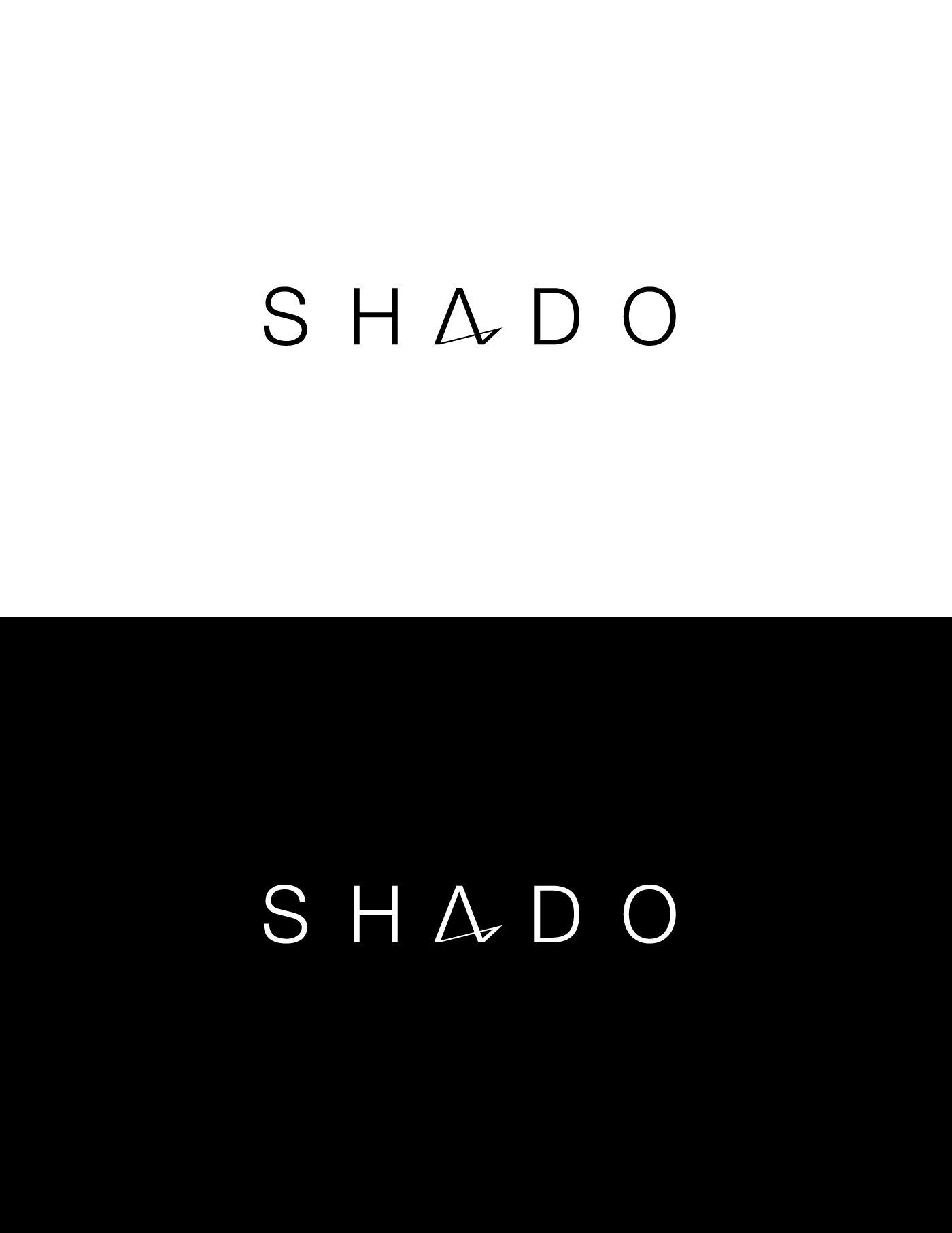 SHADO logo in white on black and black on white backgrounds; letter A replaced with an arrow.