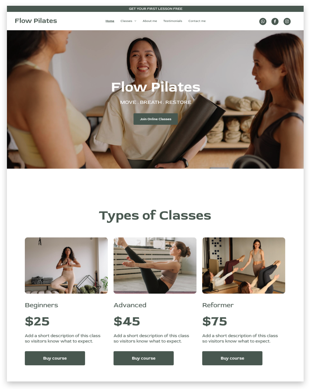 Flow Pilates website with three women, and class options for beginners, advanced, and reformer.
