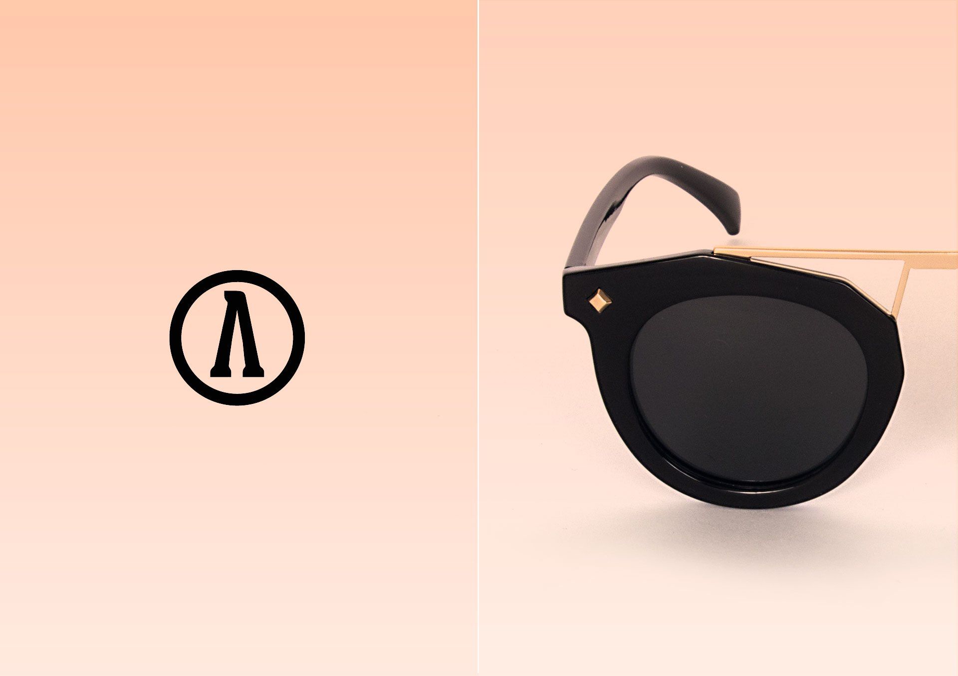 Black sunglasses with gold accents next to a logo containing a lambda symbol inside a circle on a peach background.