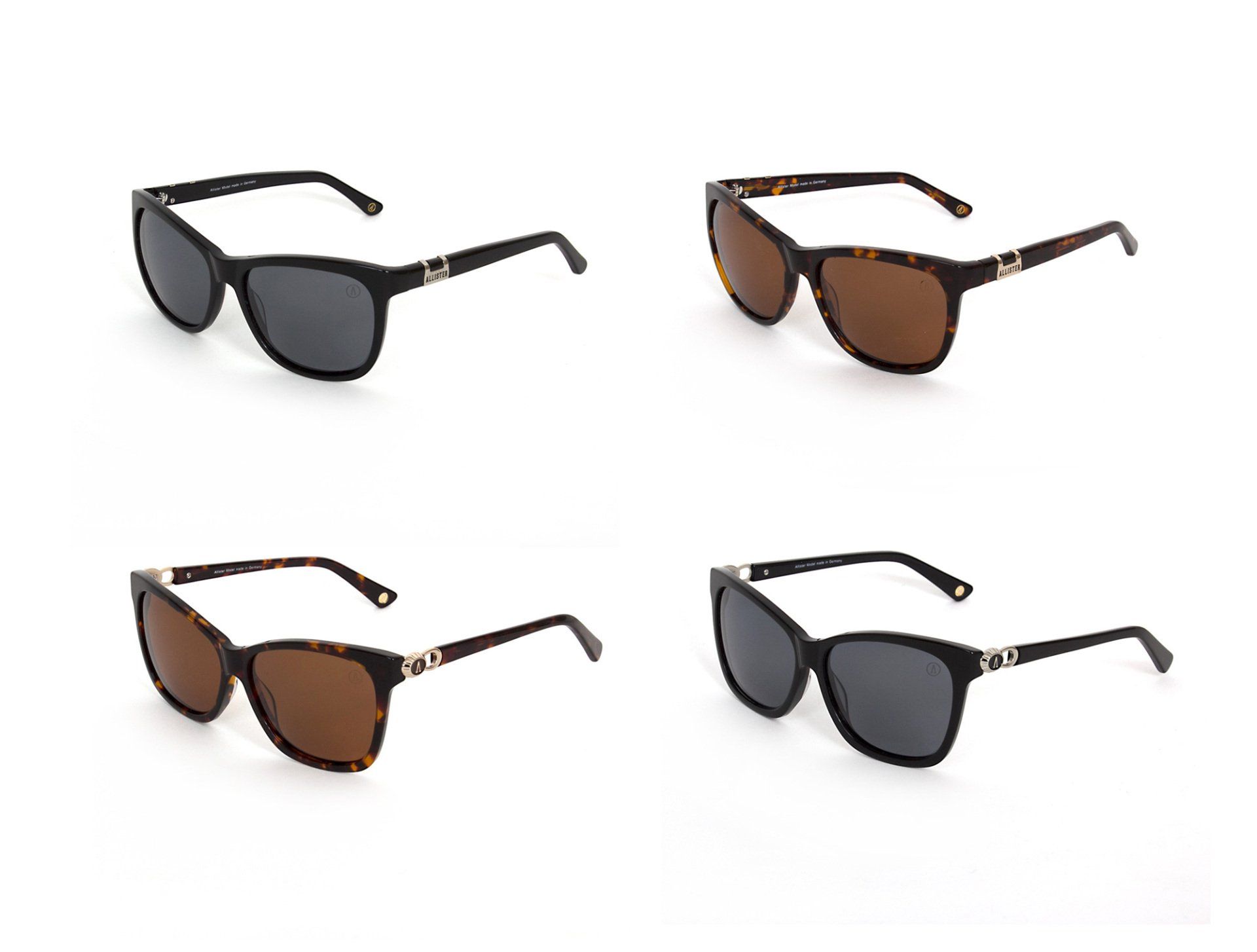 Four pairs of sunglasses with dark frames and different colored lenses.