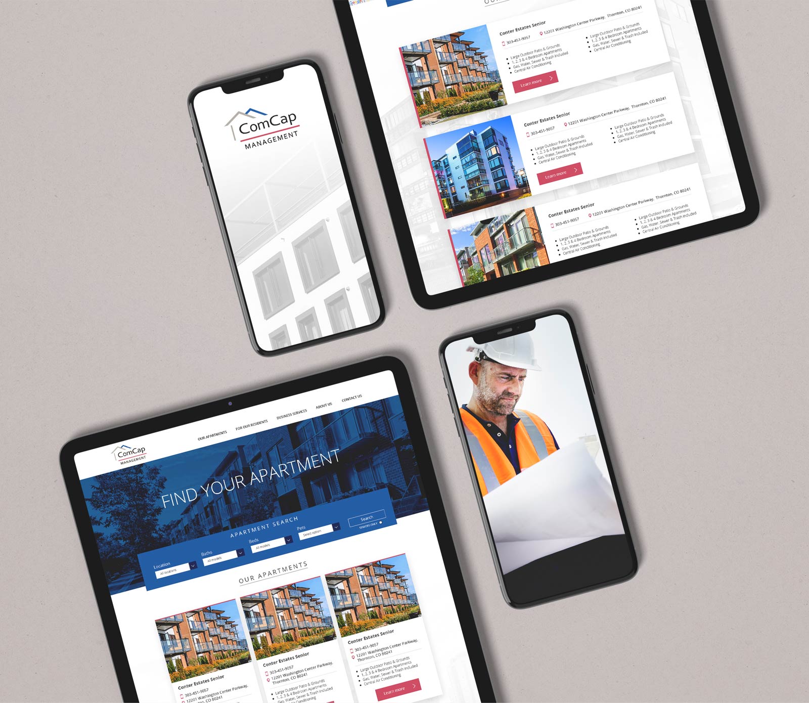 Screens displaying a real estate website on two tablets and two phones. One phone shows a man with blueprints.