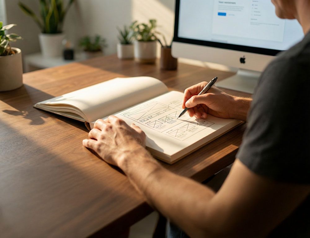 Person writing in notebook at a desk, with computer and plants in the background. Sunlight shines.