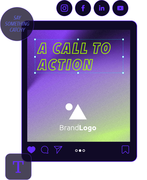 Social media post mockup on a tablet, featuring a call to action in neon green text on a purple and green gradient.