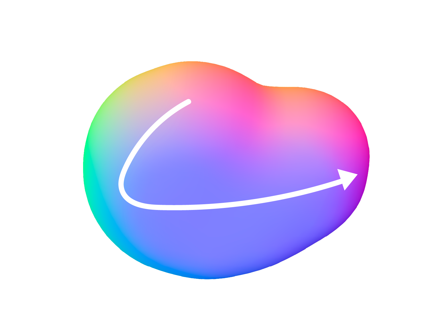 A colorful, blob-shaped object with a white curved arrow pointing to the right.