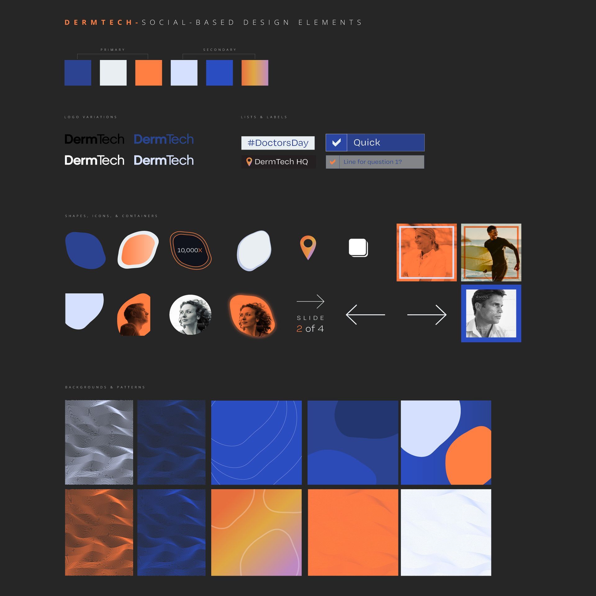 Design guidelines for a social media platform, with color palette, logo samples, icons, and background textures.