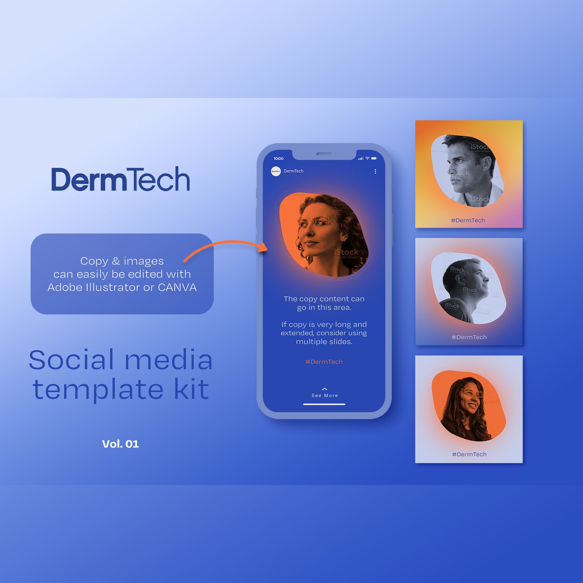 Social media template kit for DermTech. A smartphone, example profile, and squares with faces and gradient backgrounds on blue.