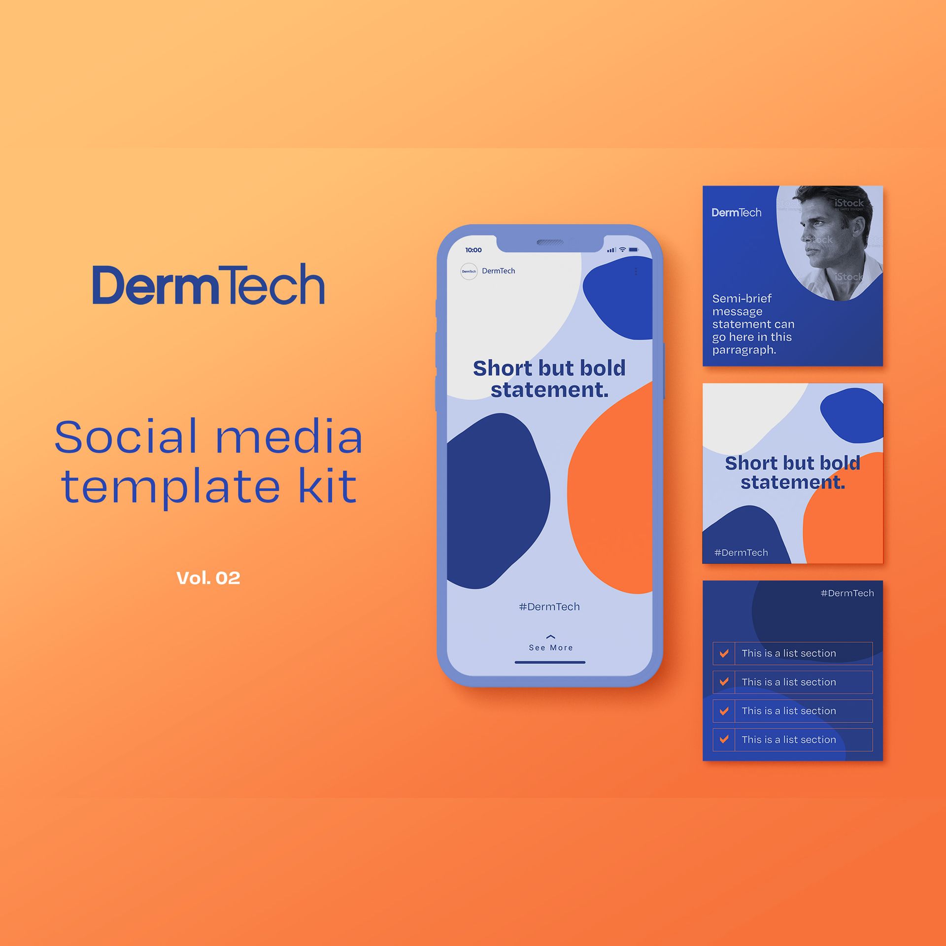 Social media template kit for DermTech, featuring a phone and squares in blue, orange, and white on an orange background.