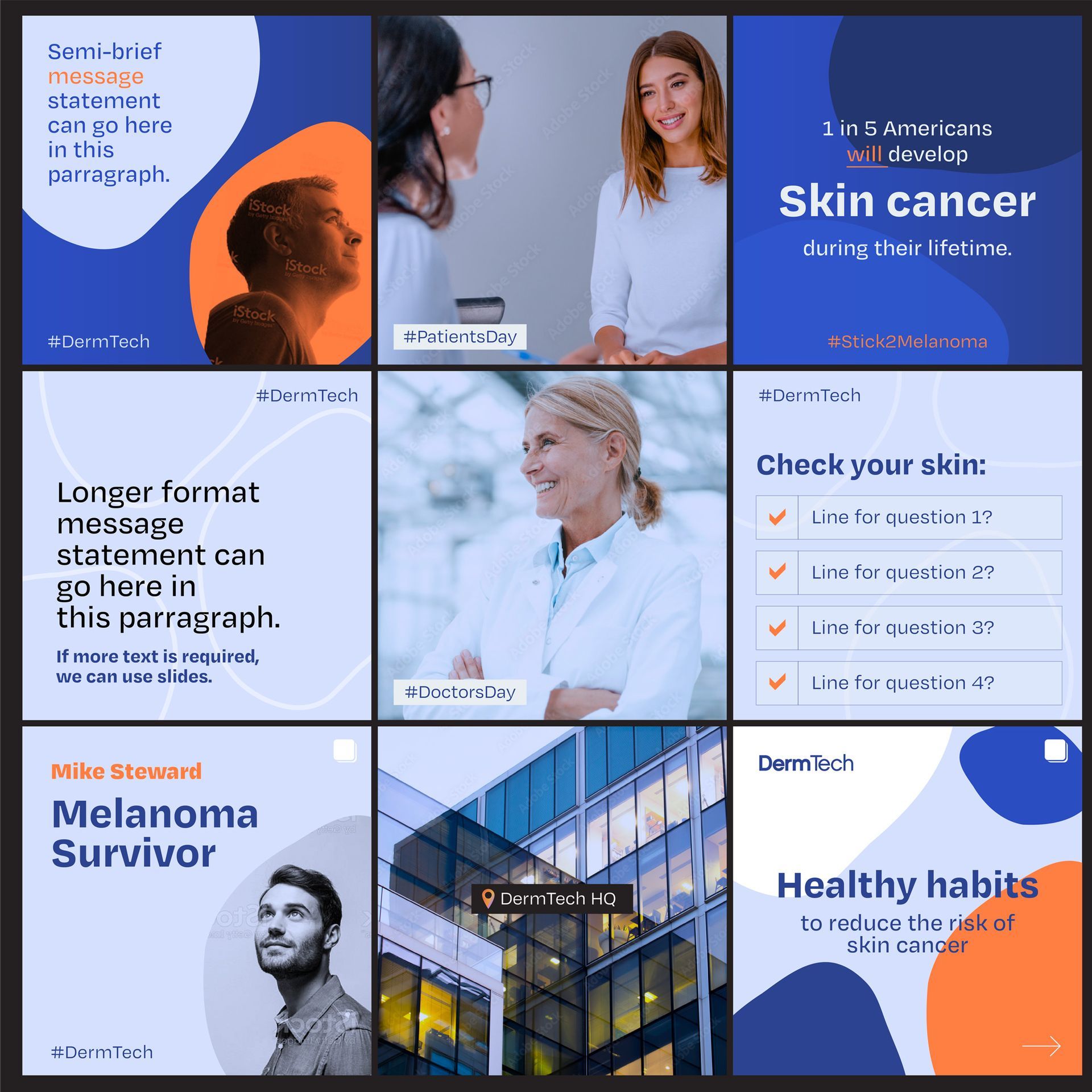 Social media post about skin cancer, with graphics, quotes, and images of people.