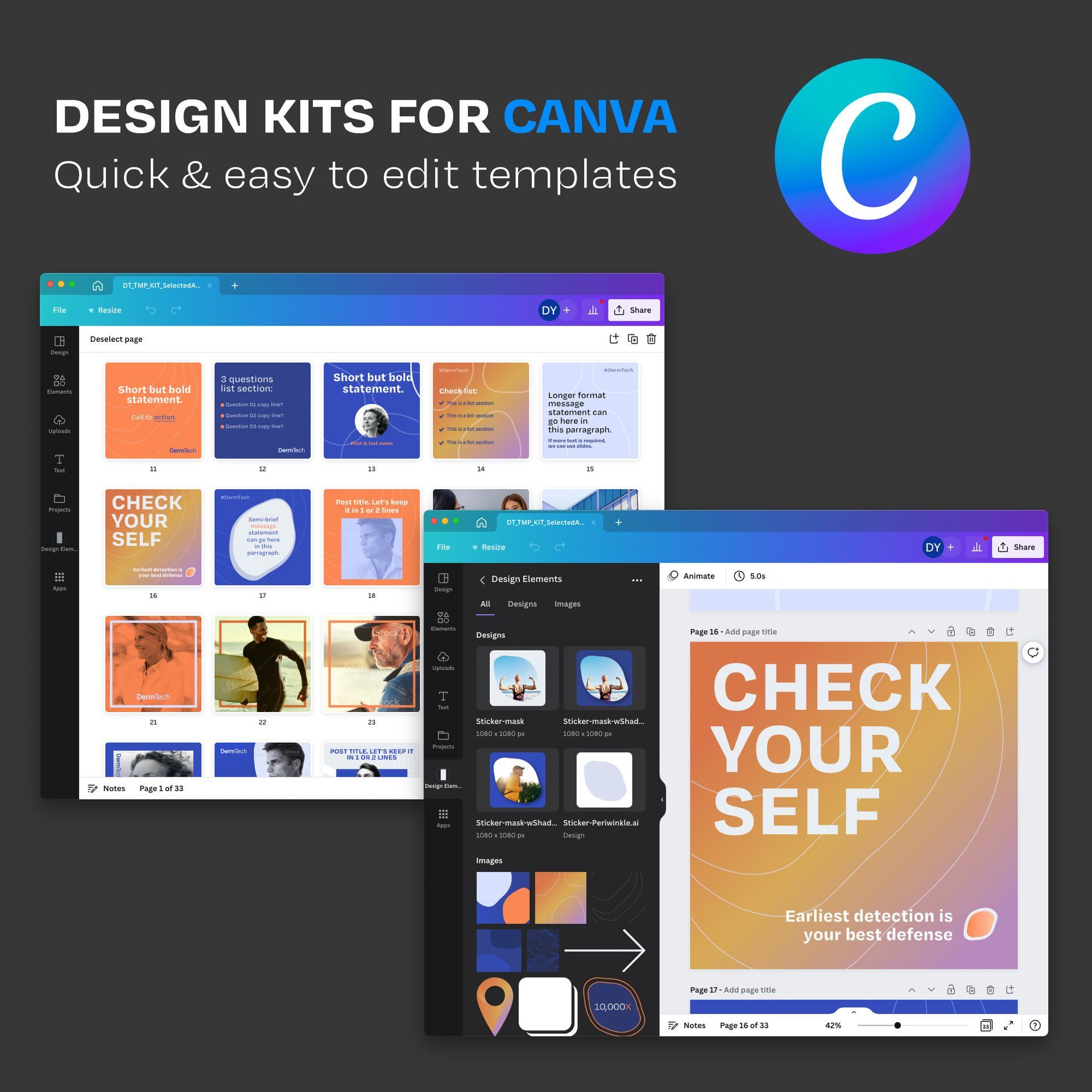 Marketing graphic promoting Canva design kits. Mockups show templates with gradient backgrounds and text. Canva logo in the corner.