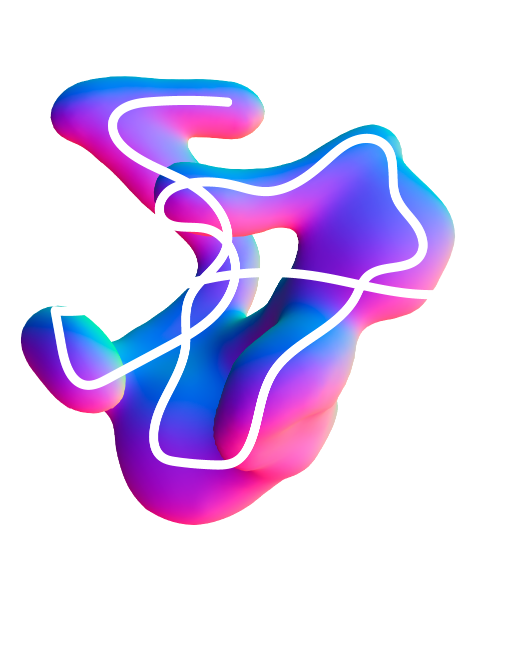 Abstract, amorphous shape with a gradient of pink, blue, and purple, overlaid with a white, winding line.