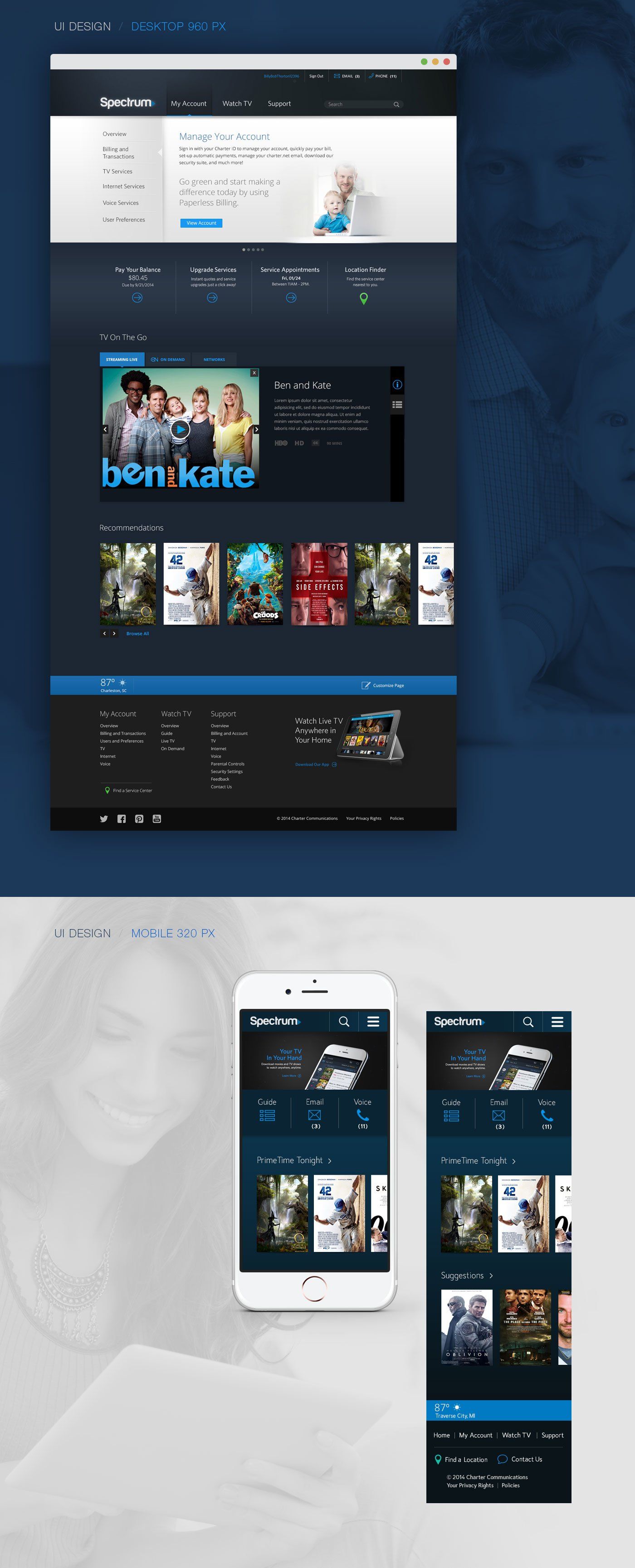 Website design on a desktop and two mobile devices; dark blue interface with movie posters.
