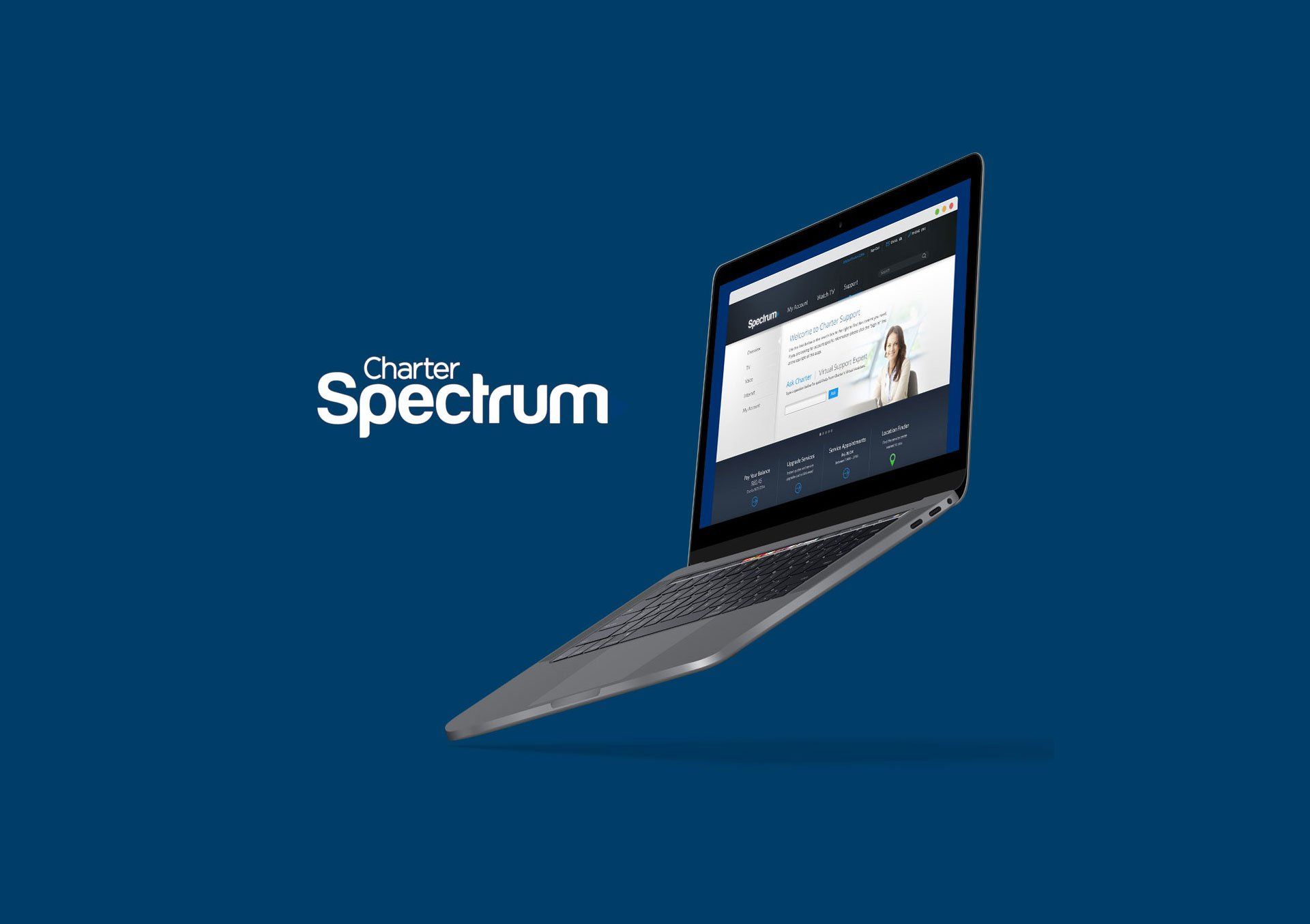 Charter Spectrum logo beside a laptop displaying a website on a blue background.
