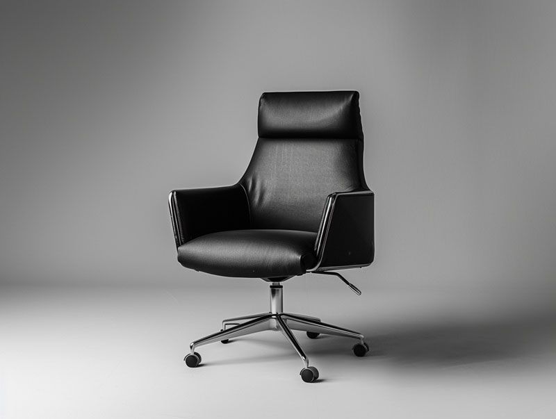 Black leather office chair with chrome base on a gray background.