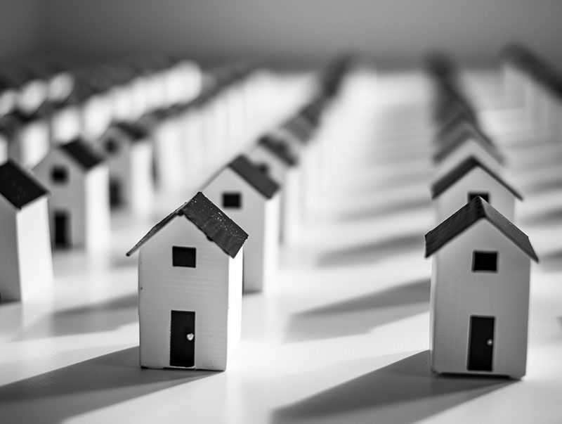 Rows of miniature white houses with black roofs and doors, in a black and white photo.