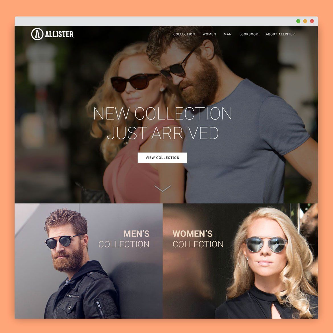 Website promoting sunglasses: man and woman wearing sunglasses, 