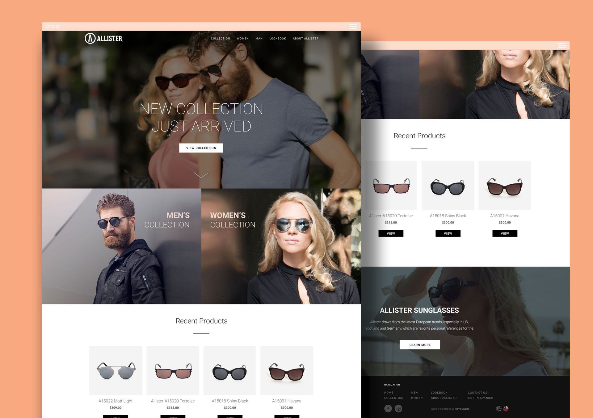 Website mockup of sunglasses, featuring models wearing glasses, with product displays.