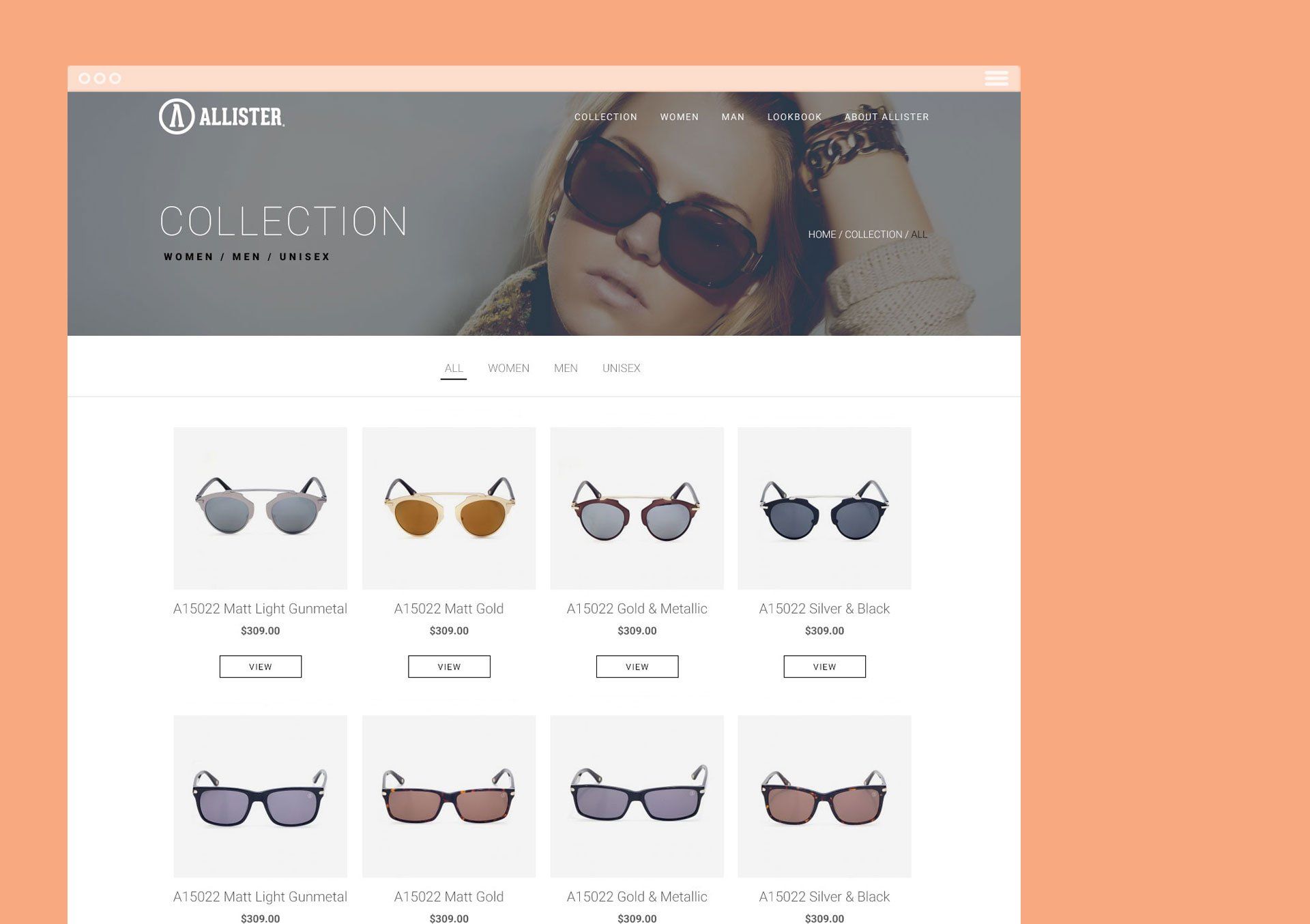 Website showcasing sunglasses, with a banner photo and product displays below.