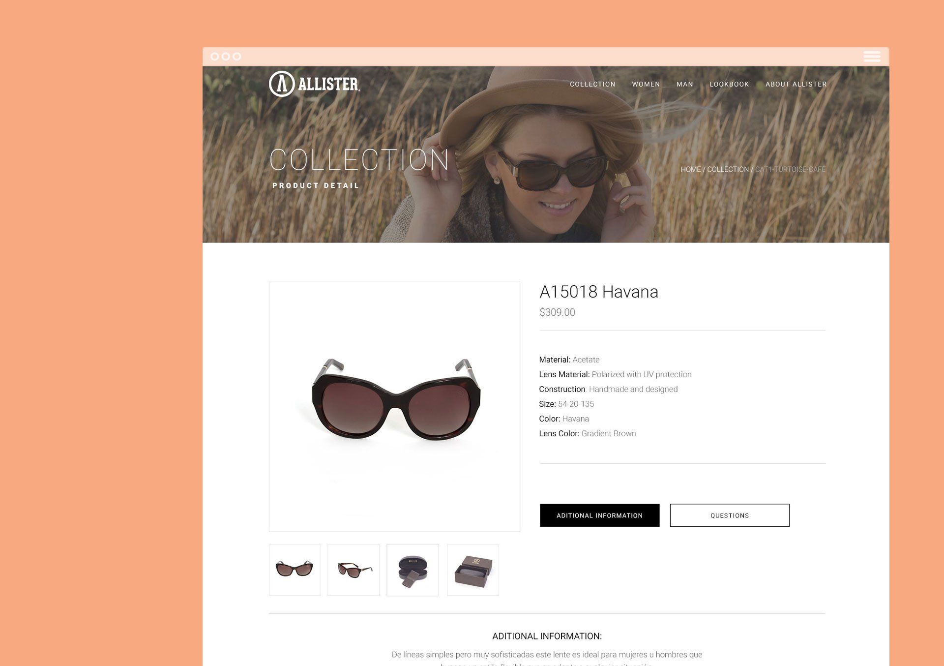 Sunglasses on display, woman wearing sunglasses in the background. Product page.