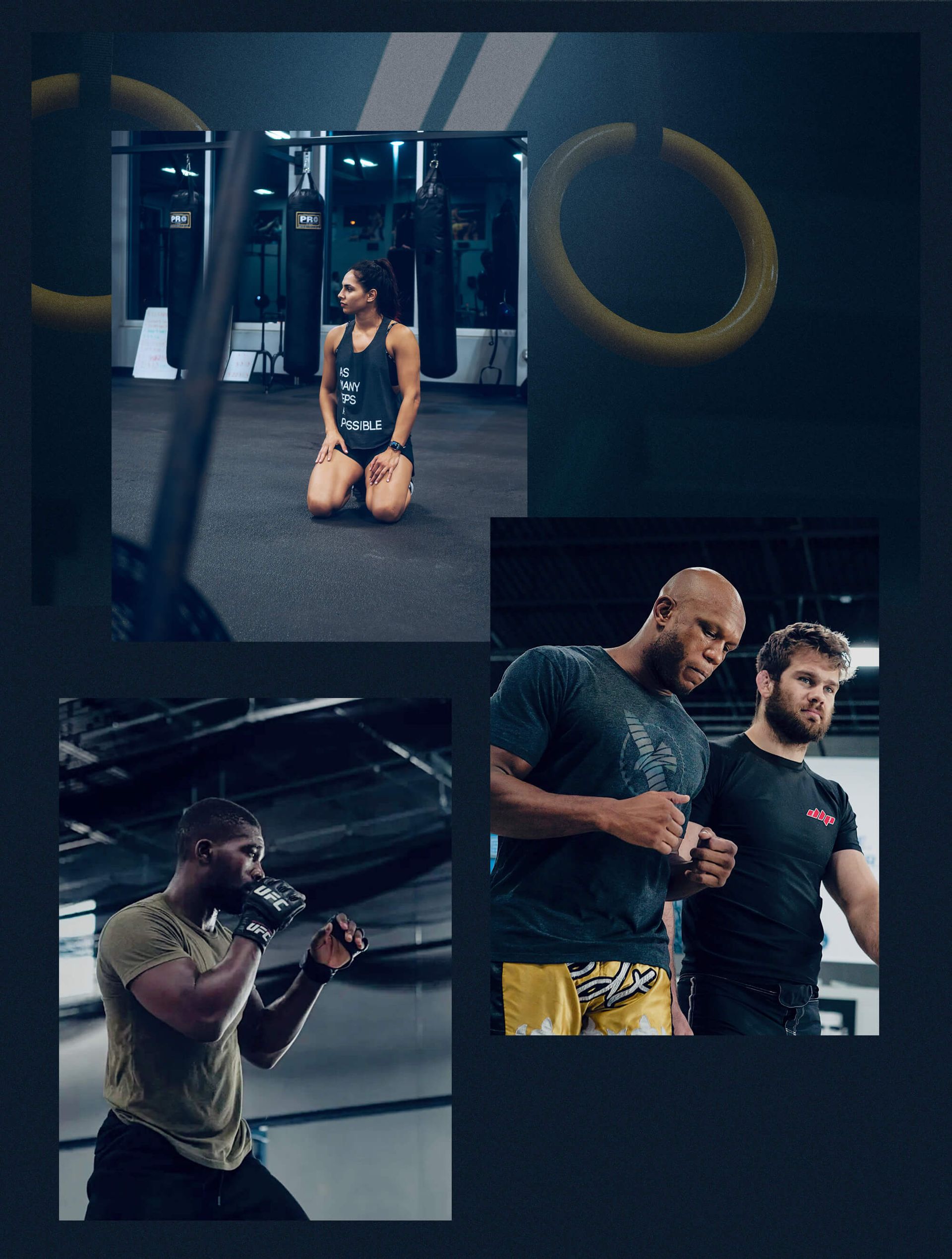 Workout montage in a gym: person kneeling, boxing, and training.