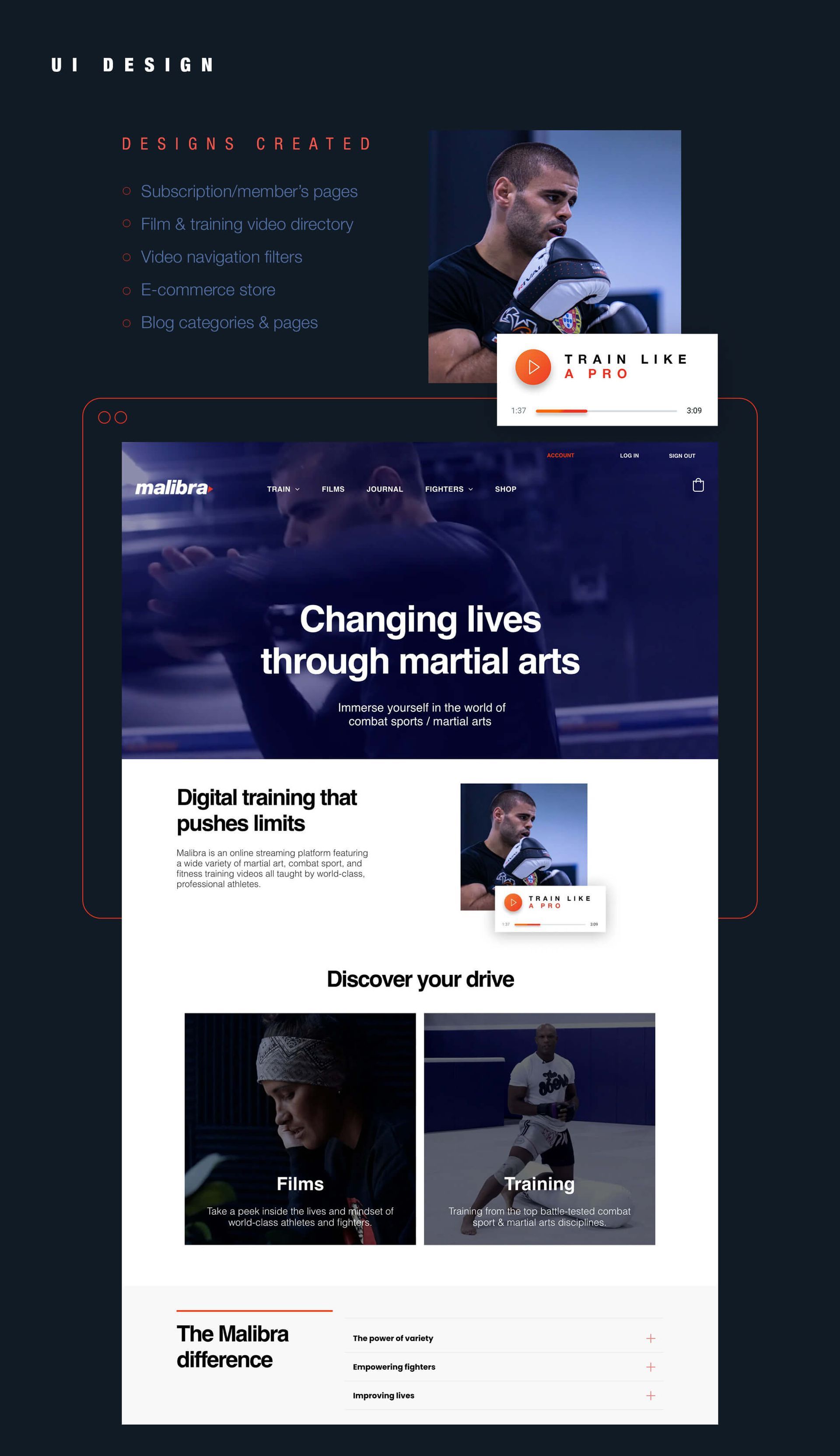 Website promoting martial arts with a man training. Dark blue and orange color scheme.