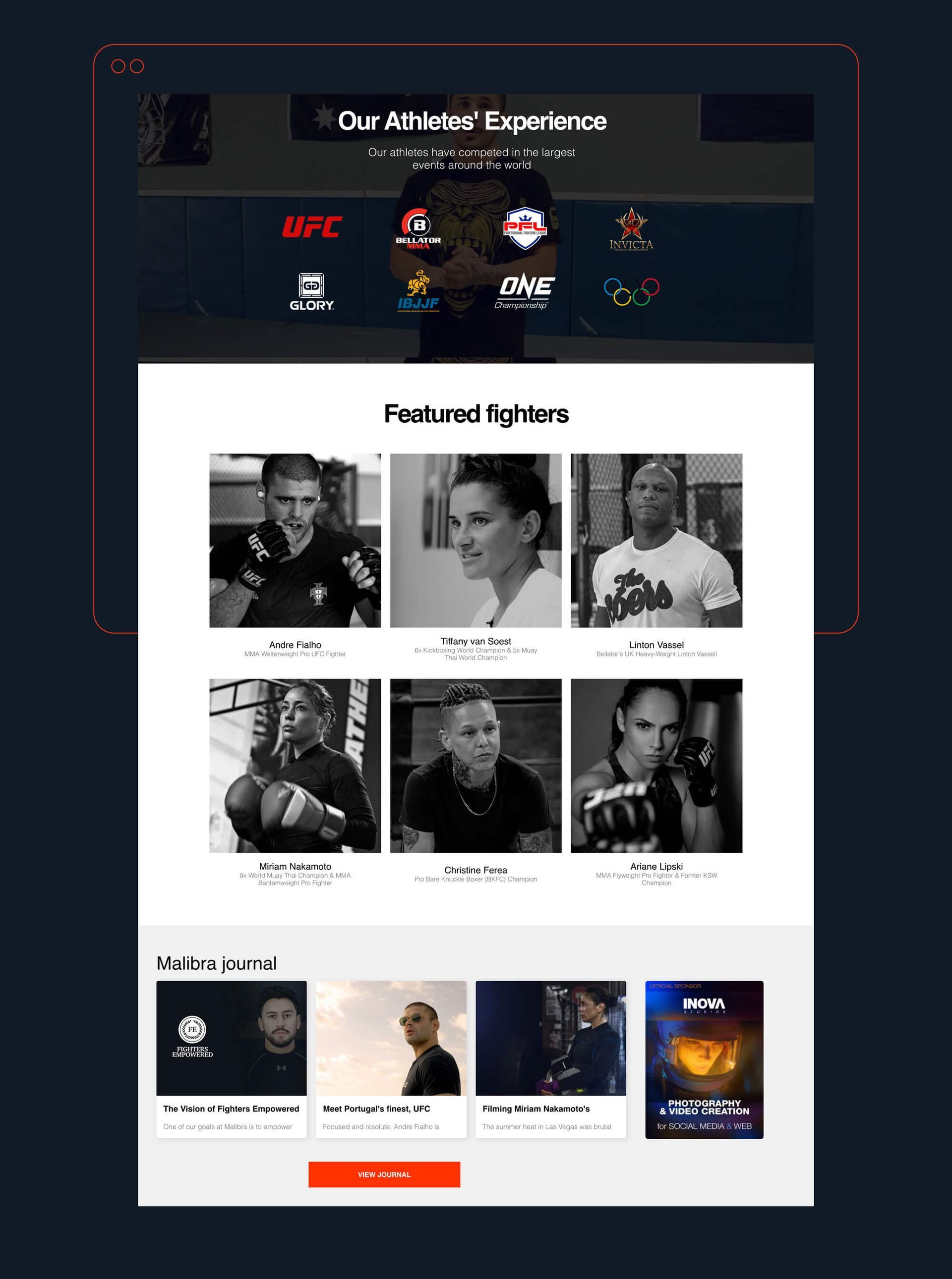 Webpage featuring fighter portraits and sports logos.