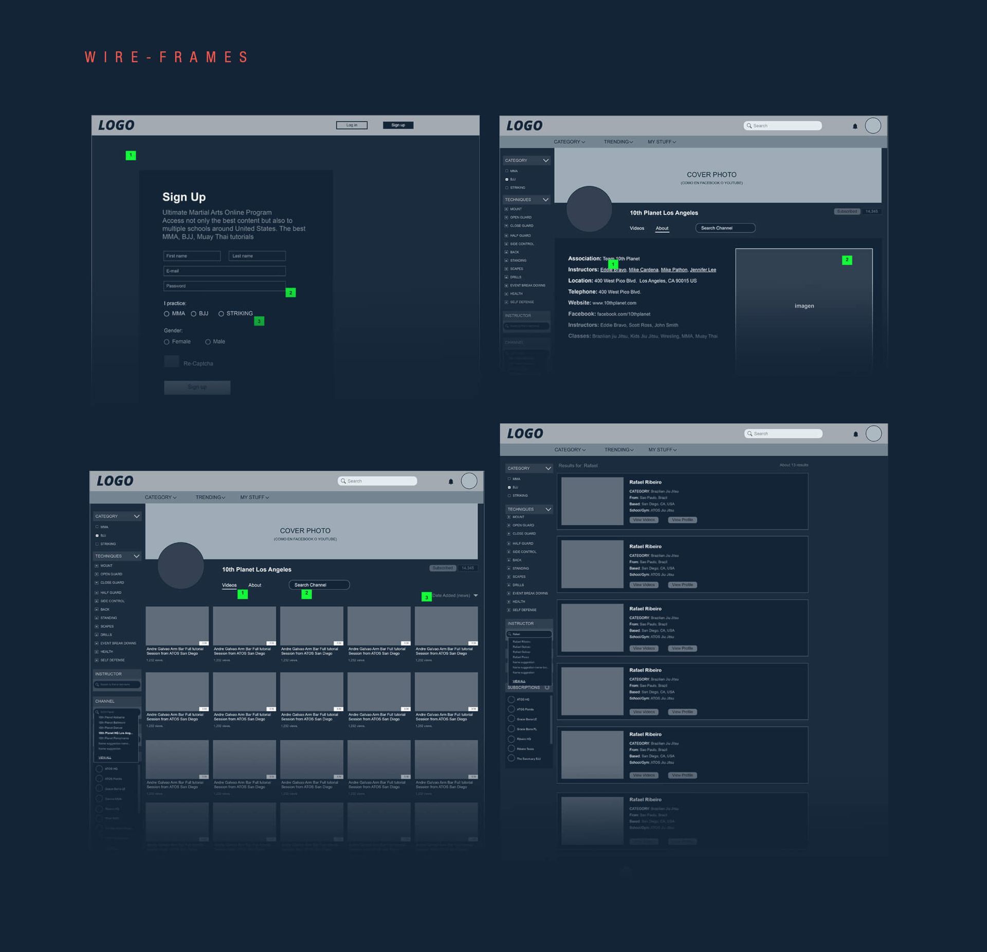 Four dark-themed website mockups with UI elements. Green accents highlight interactive areas.