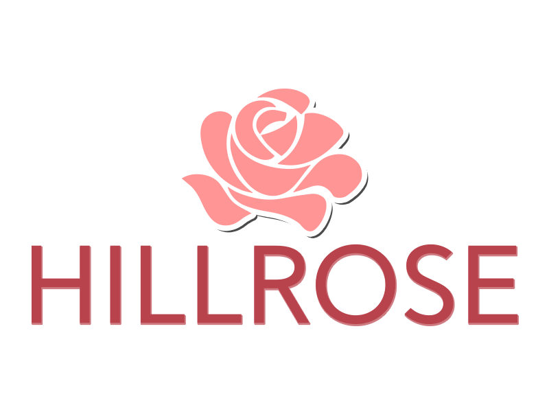 A pink rose illustration positioned above the word