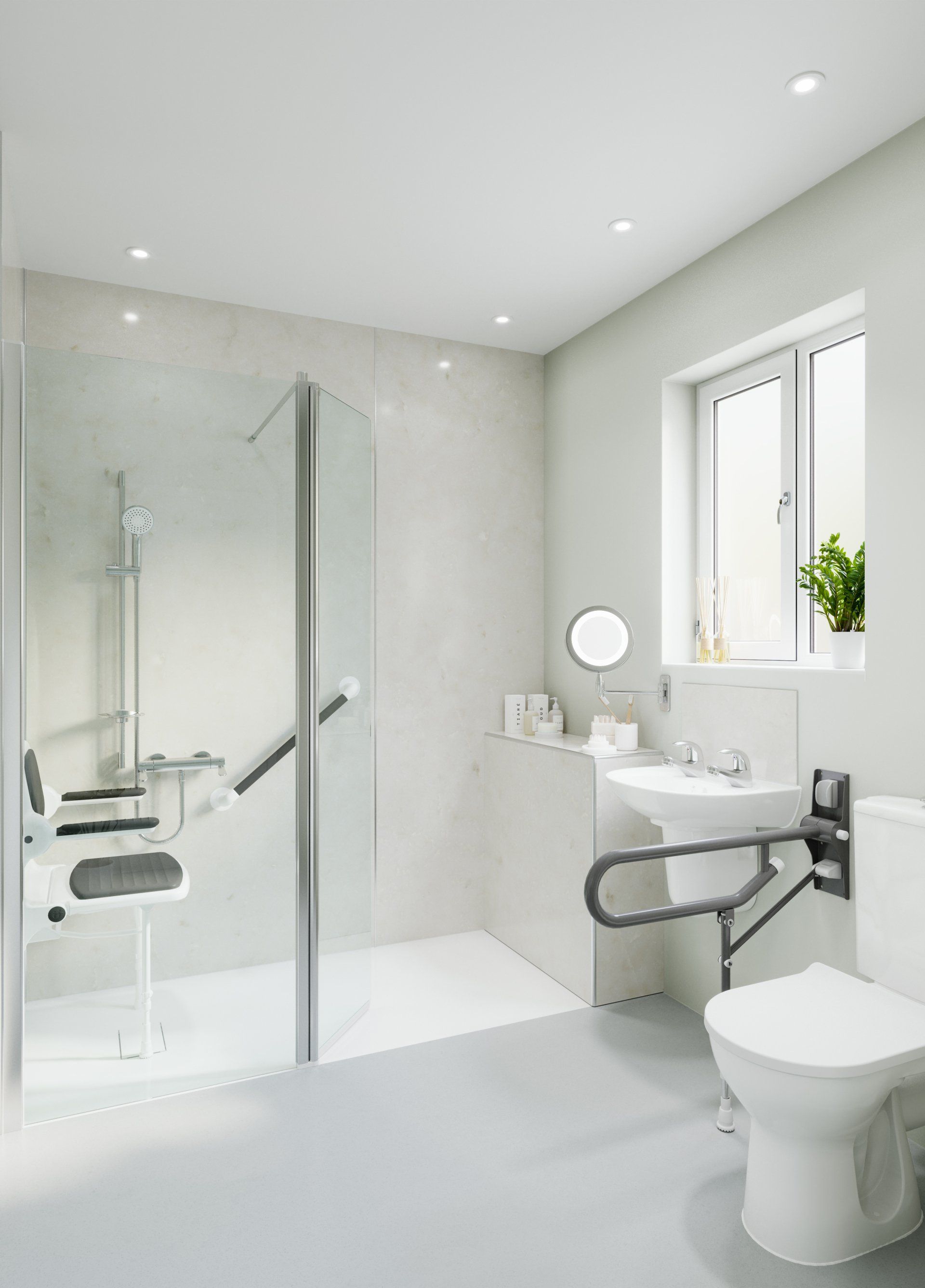 Accessible bathroom featuring a walk-in shower with a seat and grab bars, a white sink, and a toilet with a support arm.