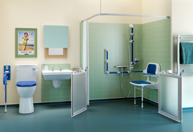 Accessible bathroom featuring a walk-in shower with a seat, grab rails, toilet, sink, and safety-focused design.