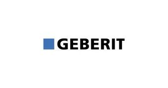Logo Geberit con icona quadrata blu e scritta nera su sfondo bianco.