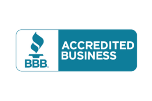 BBB Accredited Business logo in blue and white with a torch icon and text