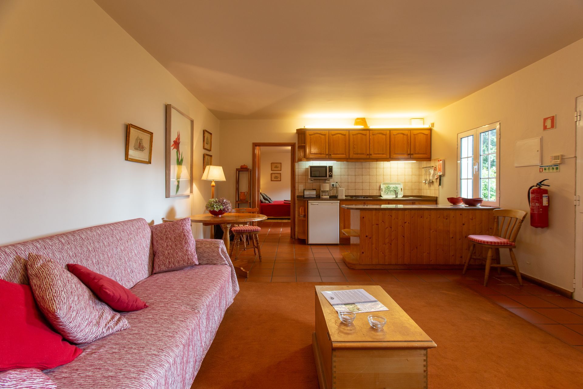 Living area with kitchenette: pink couch, red pillows, wooden furniture, kitchen cabinets, and dining table.