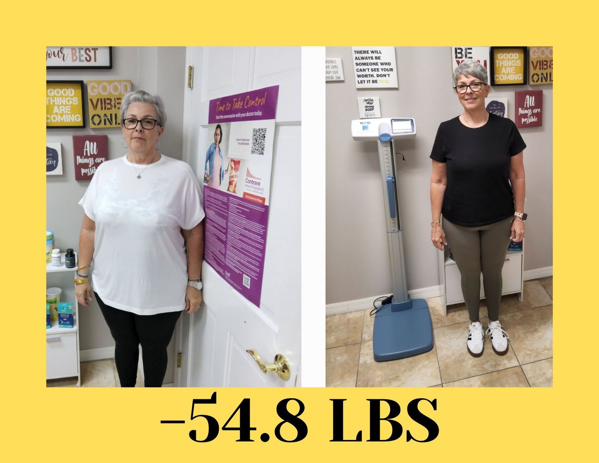 A woman is standing in front of a door and a scale.