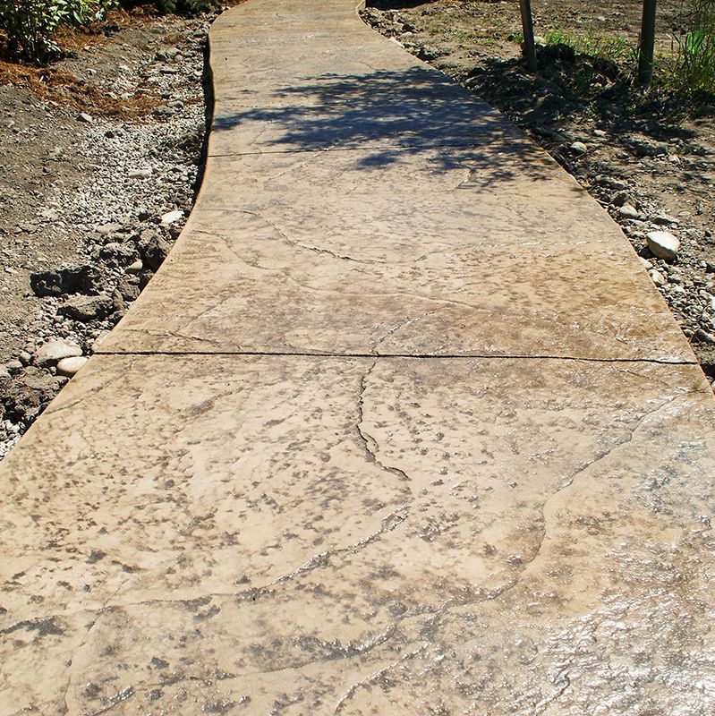 Curved concrete walkway outdoors, bordered by dirt and sparse grass in sunlight