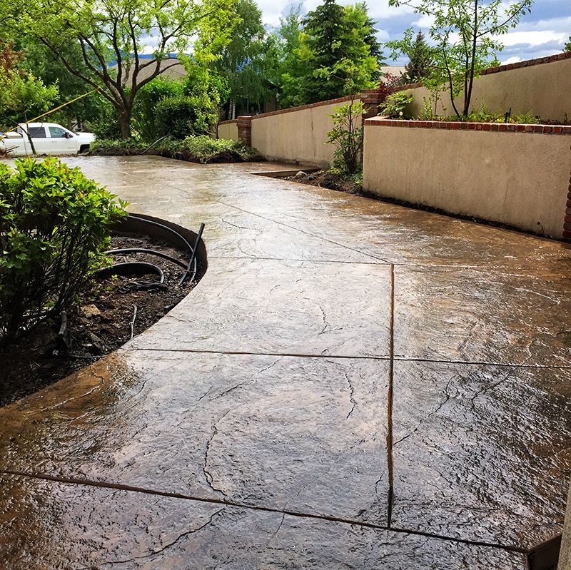 Rainy driveway with wet concrete, a parked white car, and trees beside a tan wall