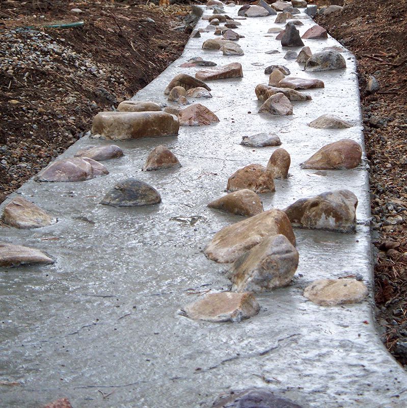 Stone-lined concrete path with scattered rocks, winding through a wooded outdoor area