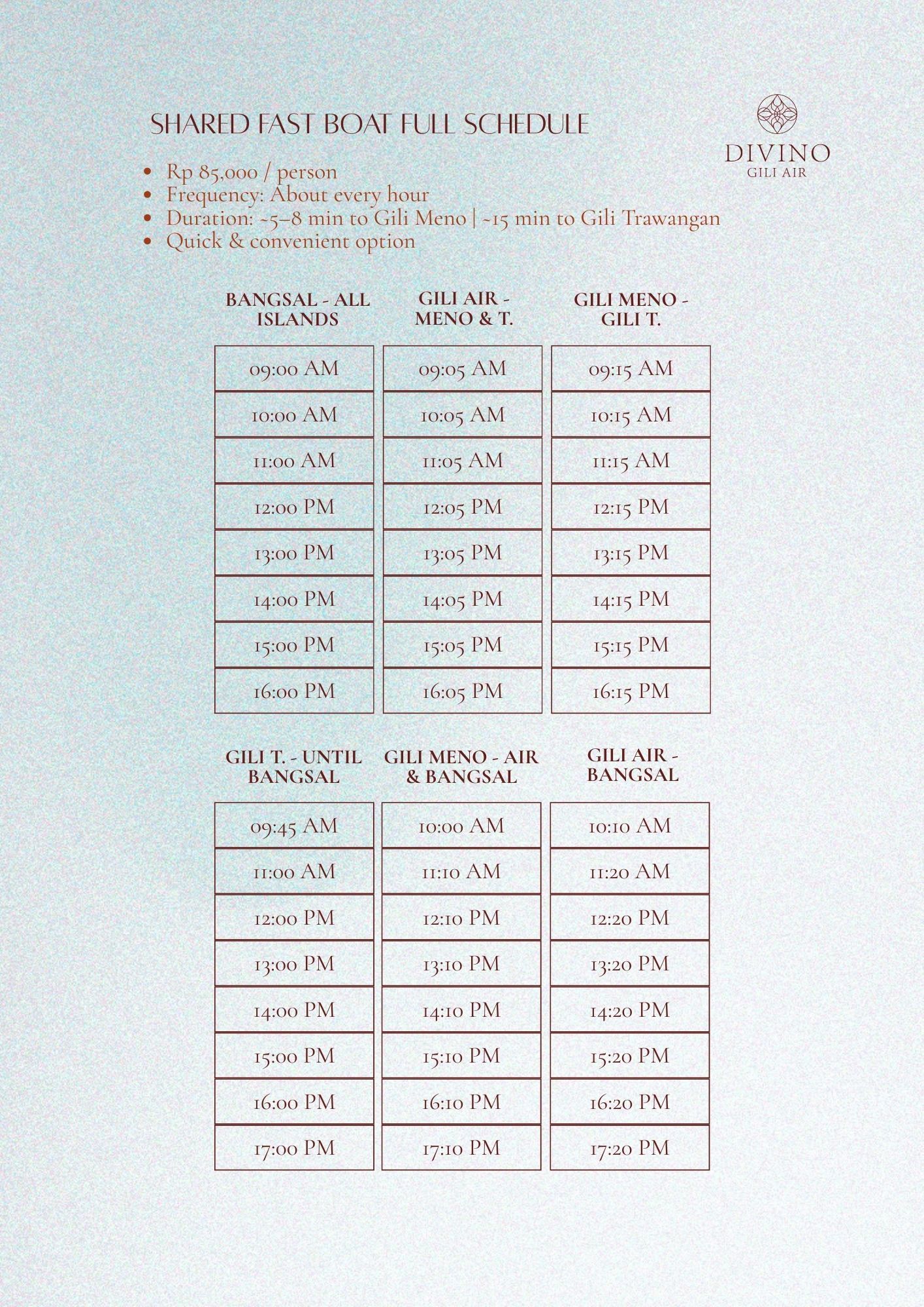 Shuttle timetable: Shared to East route, columns for departure times from different locations.