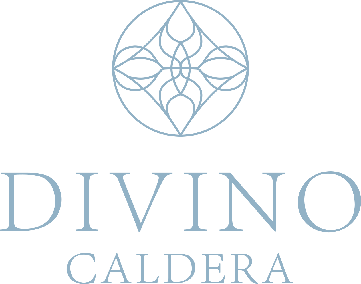 Logo for Divino Caldera, features an ornate light blue geometric design above the text, and name in light blue.